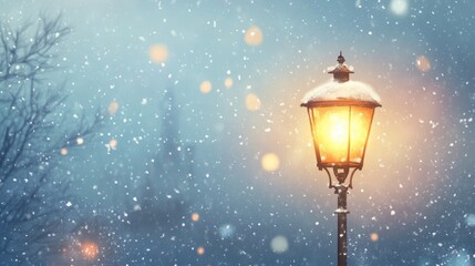 Snowy Evening Scene with Streetlamp and Falling Snowflakes Creating a Cozy Winter Atmosphere for Text Overlay