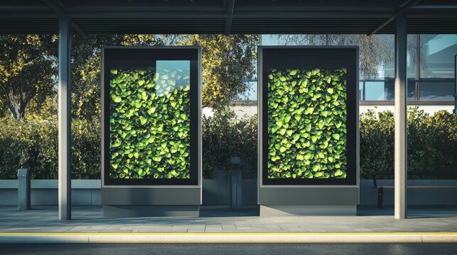 Urban bus stop featuring two digital billboards surrounded by a vibrant green leaf wall promoting eco-friendly transportation options.