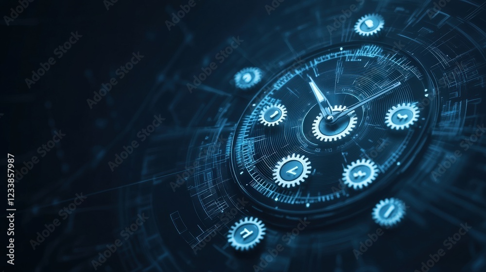 Poster Futuristic Clock Face with Gears and Abstract Digital Background