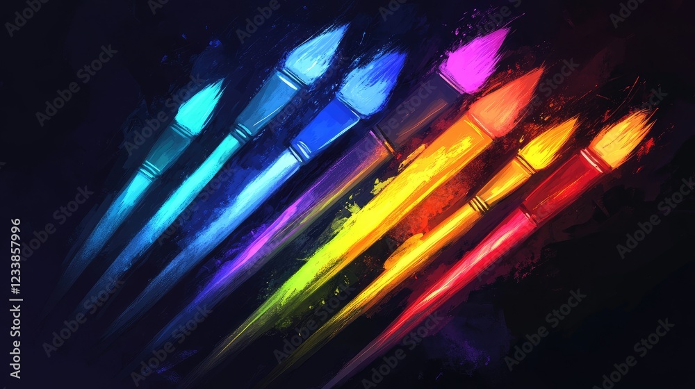 Poster neon paint brushes in a spectrum of colors radiating vibrancy and creativity against a dark backgrou