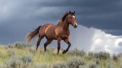 Fototapeta premium Wild Horse Running Freely on Lush Green Hill Amidst Dramatic Stormy Sky