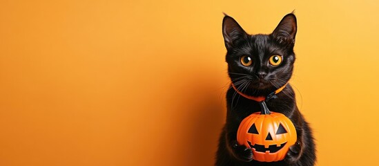 Fototapeta premium Black cat in Halloween pumpkin lantern costume with orange background and empty space for text, perfect for festive designs and advertisements.
