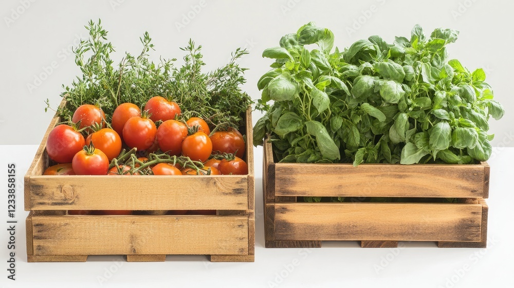 Poster Freshly harvested tomatoes and aromatic herbs displayed in wooden crates on a minimalistic background for farm-to-table concepts.