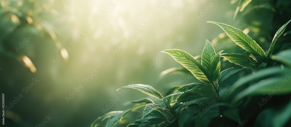 Poster closeup of vibrant green leaves illuminated by sunlight with a soft blurred forest background showca