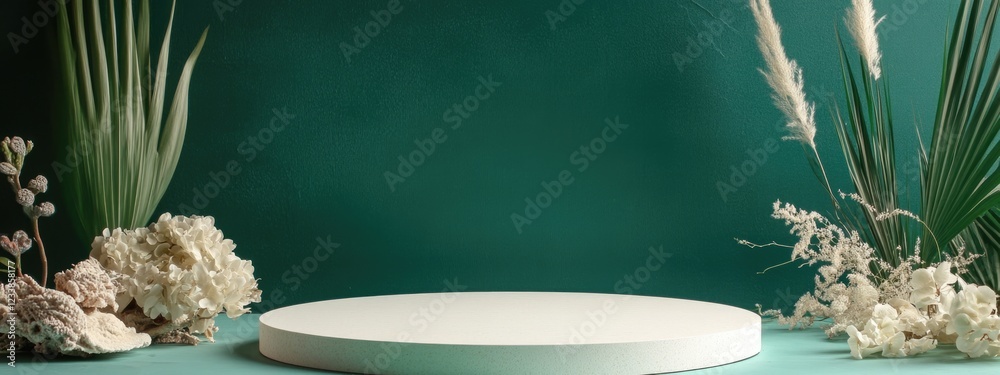 Poster white round podium surrounded by natural elements and beach tones on a green backdrop with ample emp