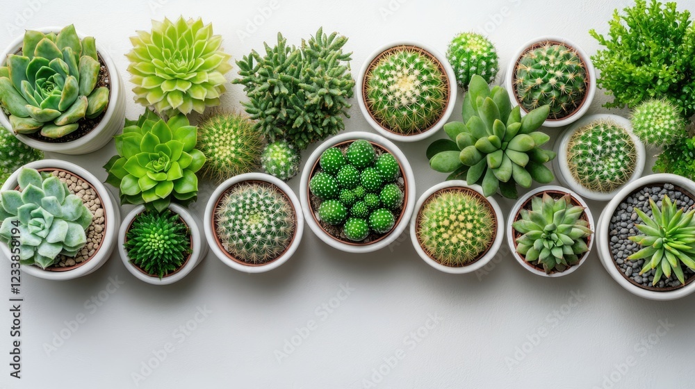 Leinwandbilder Diverse assortment of cacti and succulents in minimalist white pots arranged on a light surface with ample space for text or design elements