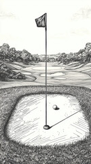 black and white sketch of classic golf scene featuring flag, ball, and lush landscape