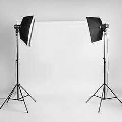 Professional studio setup with lighting equipment and softbox on white backdrop for product photography