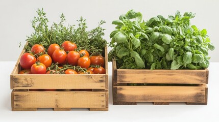 Freshly harvested tomatoes and aromatic herbs displayed in wooden crates on a minimalistic background for farm-to-table concepts.