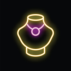 Yellow neon sign of a necklace displayed on a mannequin bust is glowing on black background