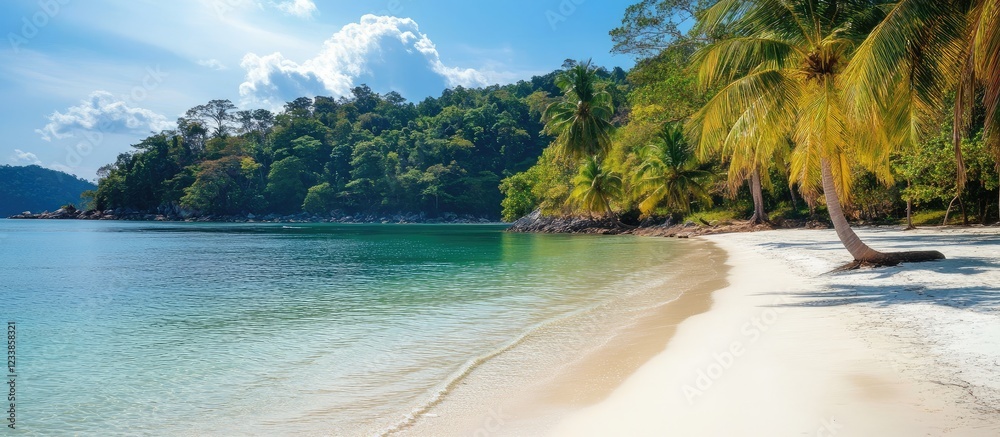 Poster tropical beach paradise featuring palm trees and clear waters for travel relaxation with ample space