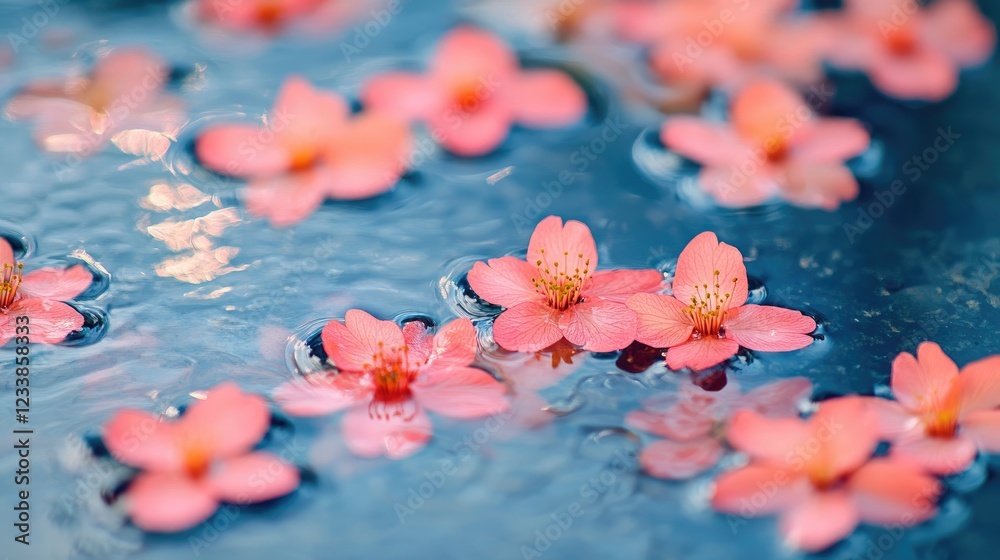 Poster cherry blossom petals drifting on a tranquil water surface creating a serene spring atmosphere