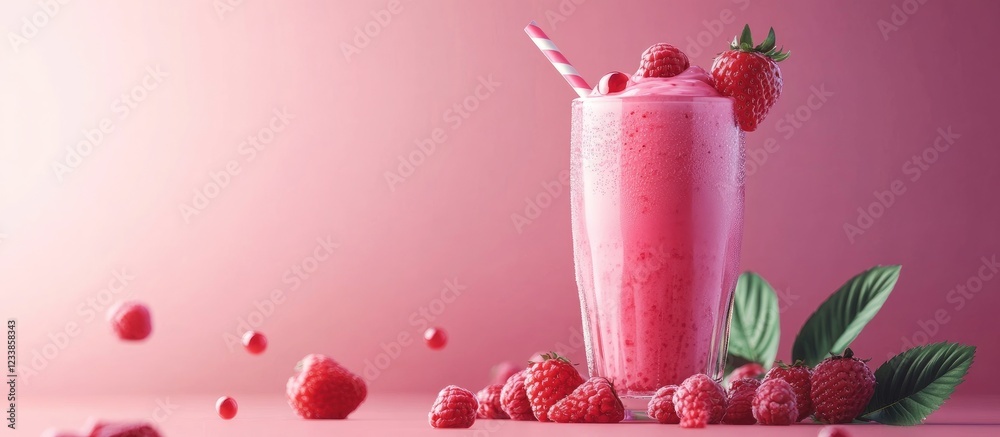 Poster refreshing raspberry strawberry milkshake in pink tones summer beverage with raspberries and strawbe