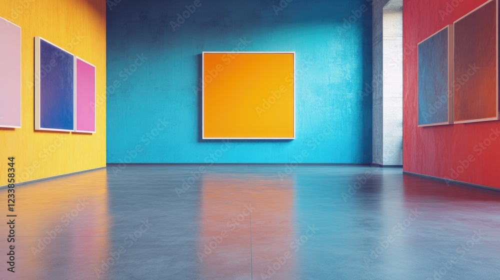 Poster vibrant abstract art in modern gallery with colorful walls and empty space for text display