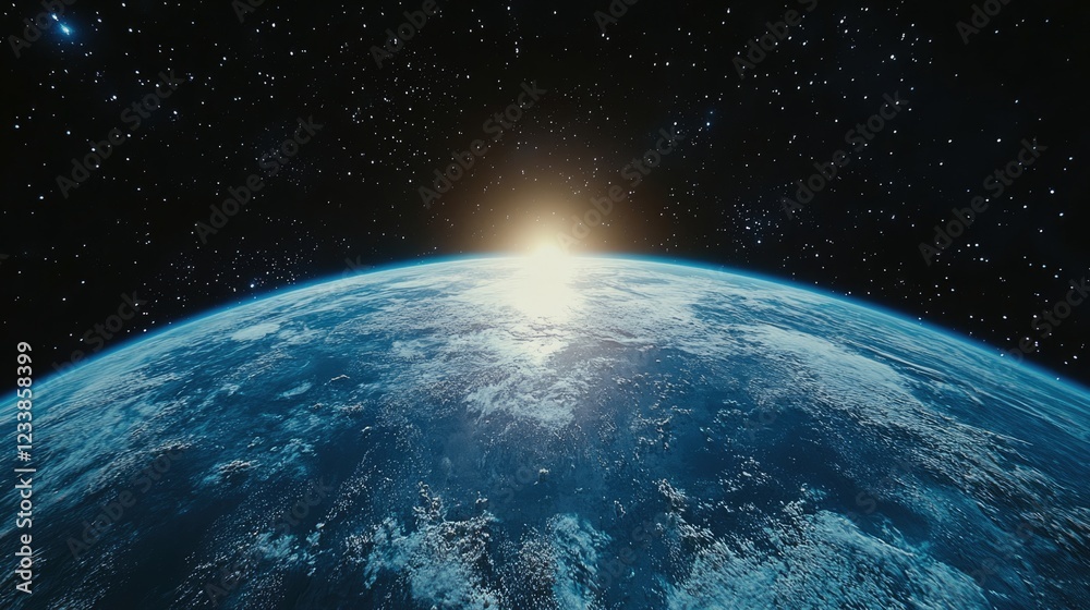 Poster aerial perspective of earth in outer space with sunlight radiating across the horizon and stars in t