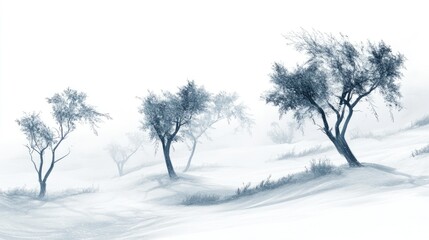 Fototapeta premium Serene winter landscape with snow-covered trees in a foggy atmosphere ideal for serene backgrounds or seasonal advertising purposes