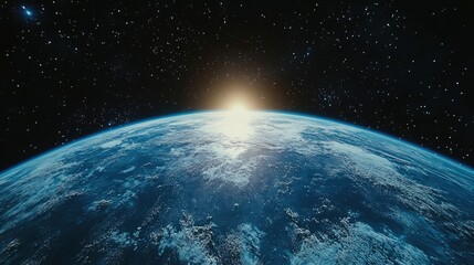 Obraz premium Aerial perspective of Earth in outer space with sunlight radiating across the horizon and stars in the background for text overlay.