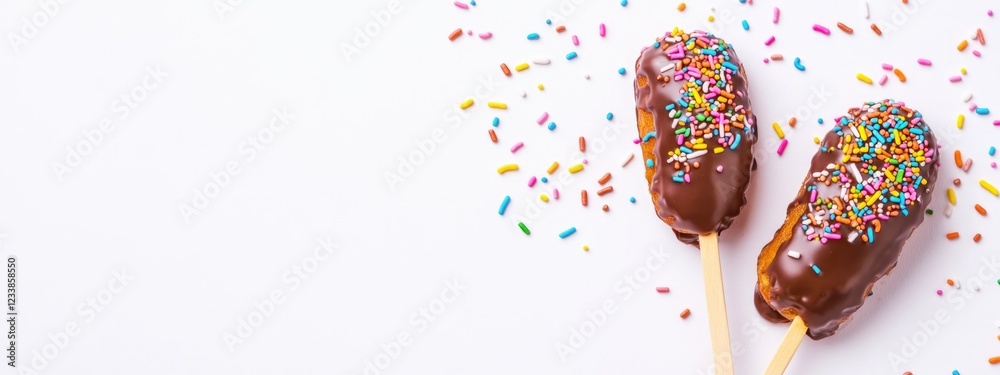 Poster Doughnut sticks with chocolate icing and vibrant sprinkles on a white background with space for text or graphic design elements.