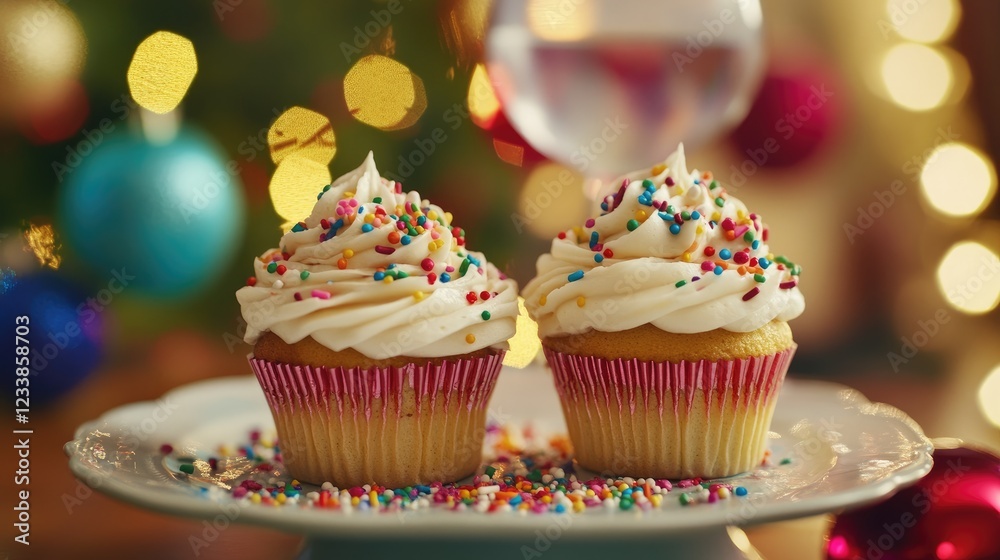 Aufkleber festively decorated cupcakes with vanilla frosting and colorful sprinkles on a table illuminated by 