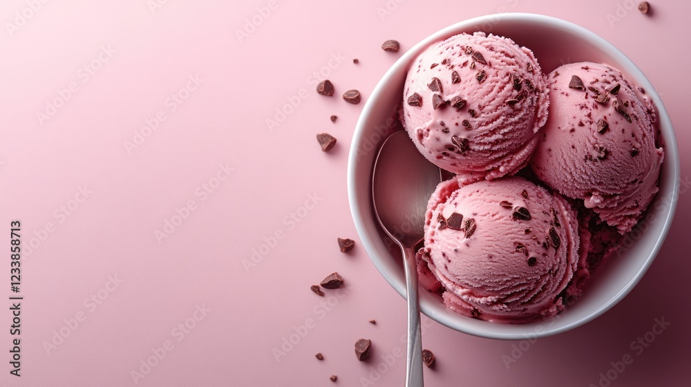 Poster top view of creamy pink ice cream scoops with chocolate chips in a white bowl on a soft pink backgro