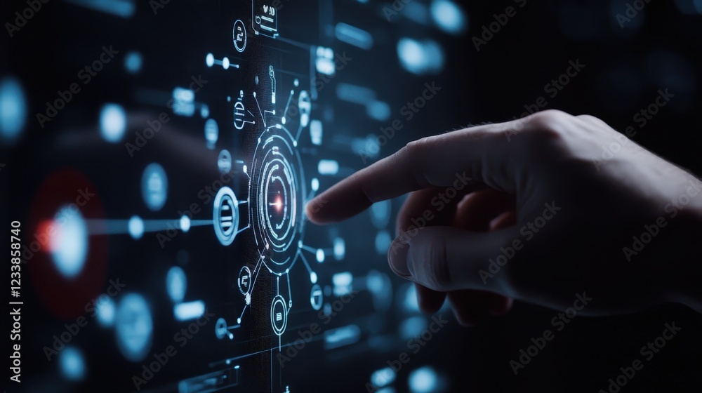 Poster interactive hand touching futuristic digital interface technology