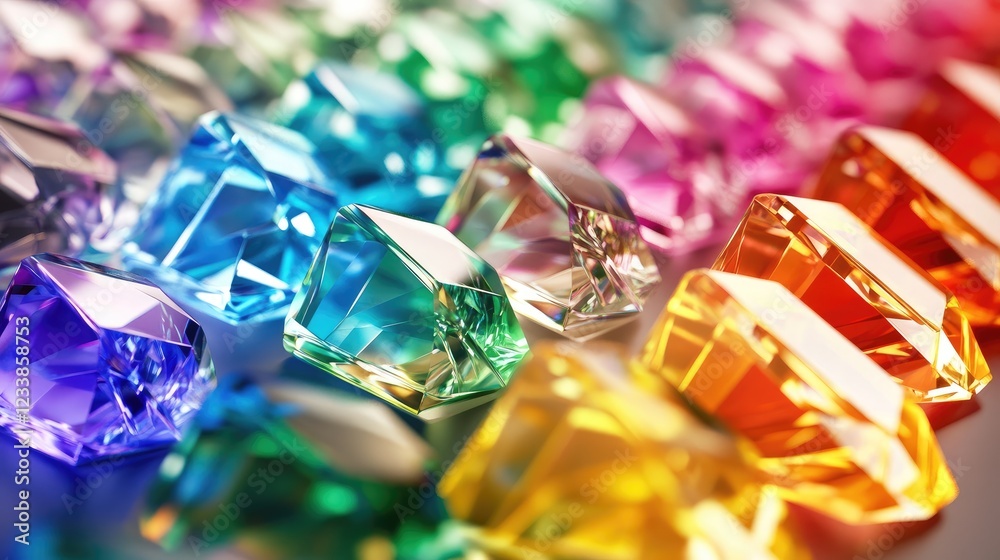 Poster Colorful collection of sparkling gemstones arranged in various shapes reflecting light on a soft surface creating an eye-catching display.