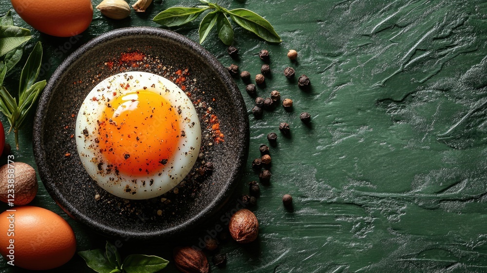 Poster Top view of a vibrant egg yolk surrounded by spices and herbs on a textured green surface with space for text or branding