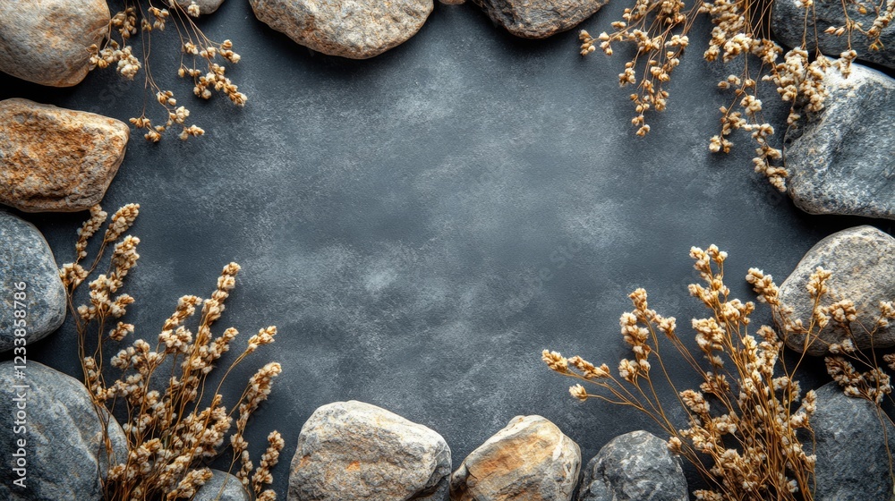 Poster Dry grass and stones border texture with empty dark space for text or design in a natural rustic setting.