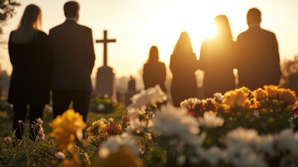 A graveside service with mourners standing in silence, surrounded by flower arrangements, calm and respectful setting