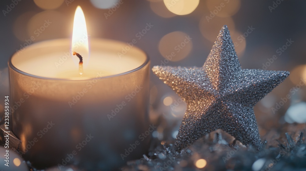 Poster festive candle with silver star decoration creating a cozy christmas atmosphere with bokeh lights an