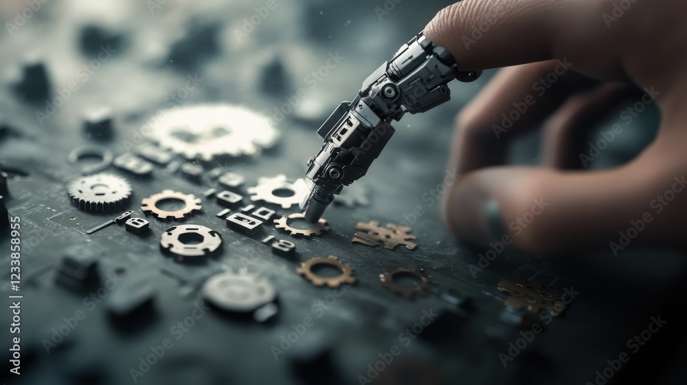 Aufkleber robotic hand assembling mechanical gears on industrial surface