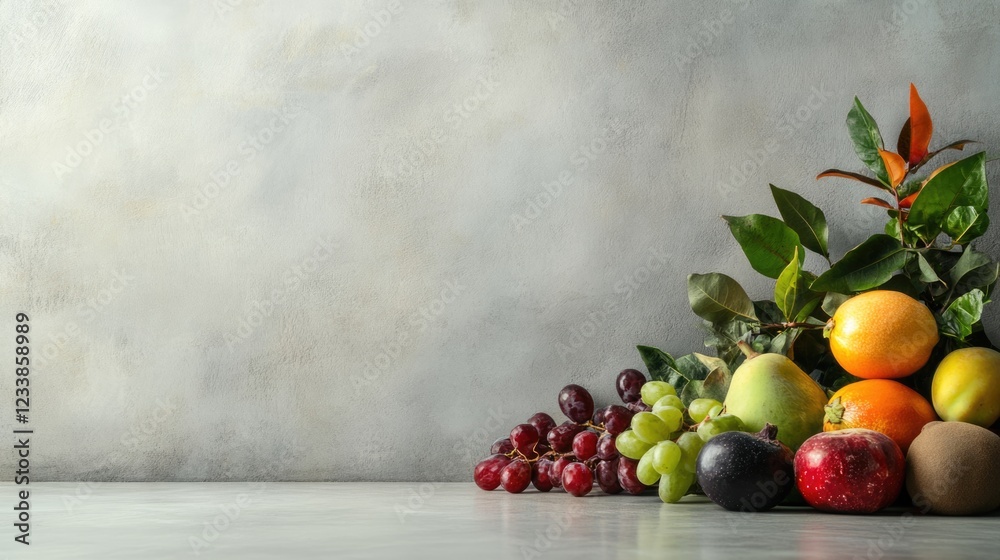 Poster colorful assortment of fresh fruits and vegetables arranged on a neutral background with ample space