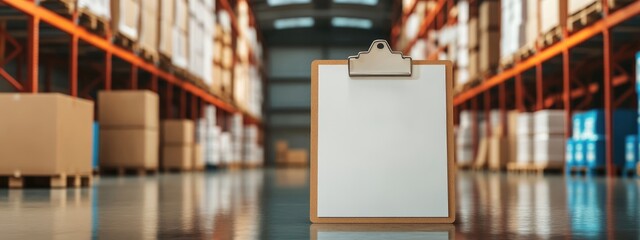 Warehouse Logistics Management Scene Featuring Storage Boxes and Blank Clipboard for Textual Information and Overview