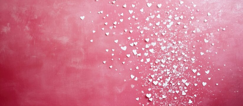 Romantic pink background with white hearts falling softly creating an elegant space for text ideal for love celebrations and invitations