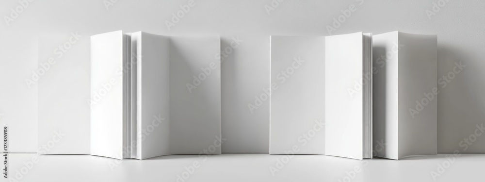 Poster white open books arranged in a bright minimalistic space with ample empty area for text and creative