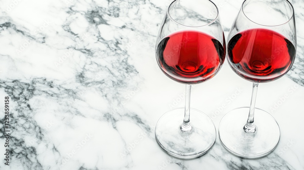 Poster Elegant red wine glasses on a pristine marble table with negative space for text or branding, perfect for culinary or event promotion.