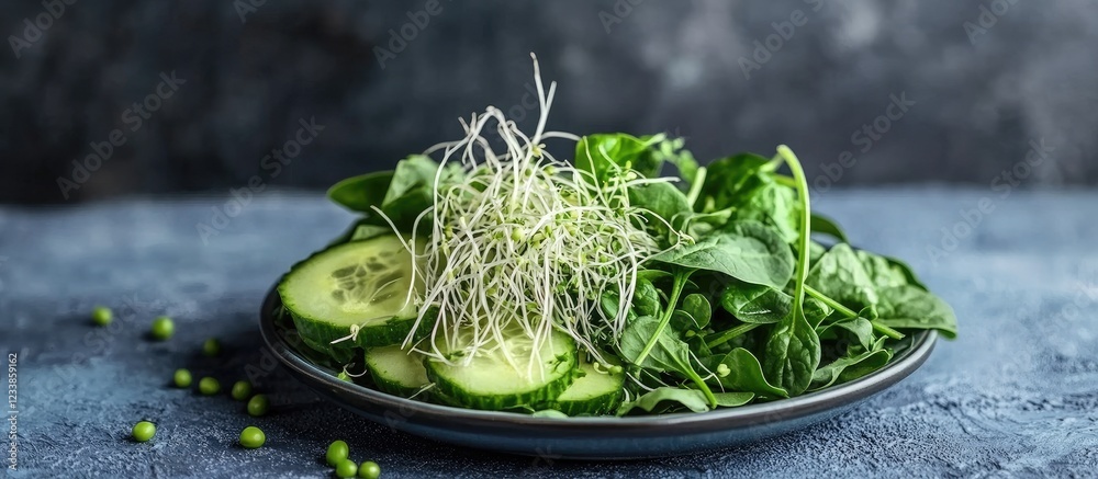 Aufkleber fresh green salad with spinach avocado cucumber and pea sprouts on a dark background healthy vegetar