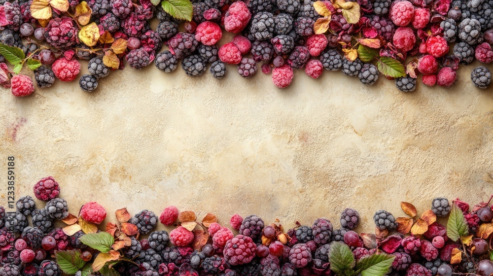 Poster colorful assortment of dried frozen berries arranged on a textured surface with ample copyspace for 