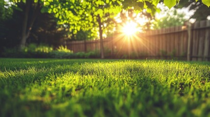 Obraz premium Serene backyard patio with lush grass, trees, and sunlight filtering through, creating a vibrant summer landscape. Perfect for outdoor relaxation.