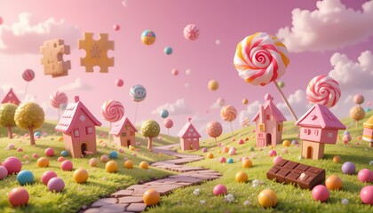 Whimsical candy village, lollipop trees, sweet treats.
