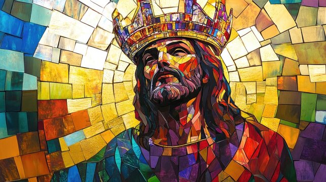 Stunning stained glass depiction of Christ the King radiating vibrant colors and intricate patterns in a majestic backdrop