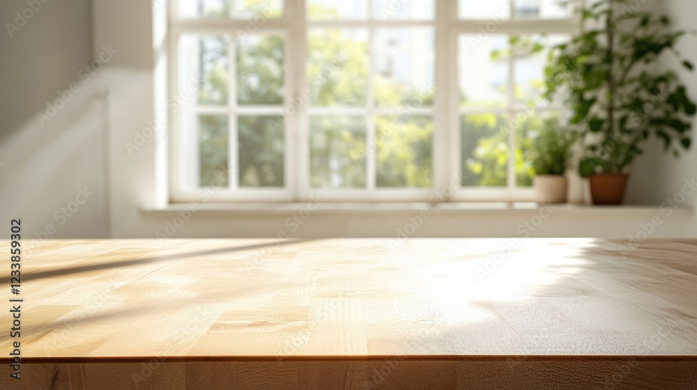 Poster Serene bright kitchen with empty countertop bar and warm window light showcasing a clean and spacious atmosphere perfect for cooking.