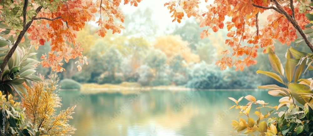 Leinwandbilder scenic autumn landscape with vibrant foliage and tranquil lake reflecting colorful trees, featuring 