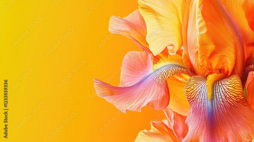 Fototapete colorful close-up of a vibrant iris flower on a bright yellow gradient background with ample space f