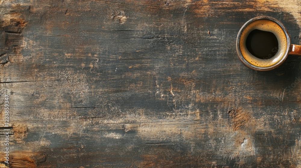 Aufkleber Freshly brewed coffee in a rustic cup on a weathered wooden surface with ample space for text or branding in a vintage style setting