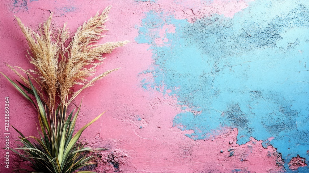 Poster Top view of decorative frame on vibrant pink concrete background showcasing empty space for text and natural elements for aesthetic appeal