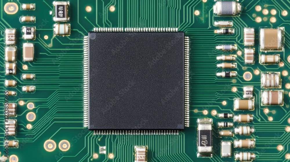Poster Close Up Image of a Microchip on a Circuit Board with Green Background and Empty Space for Text or Design Elements