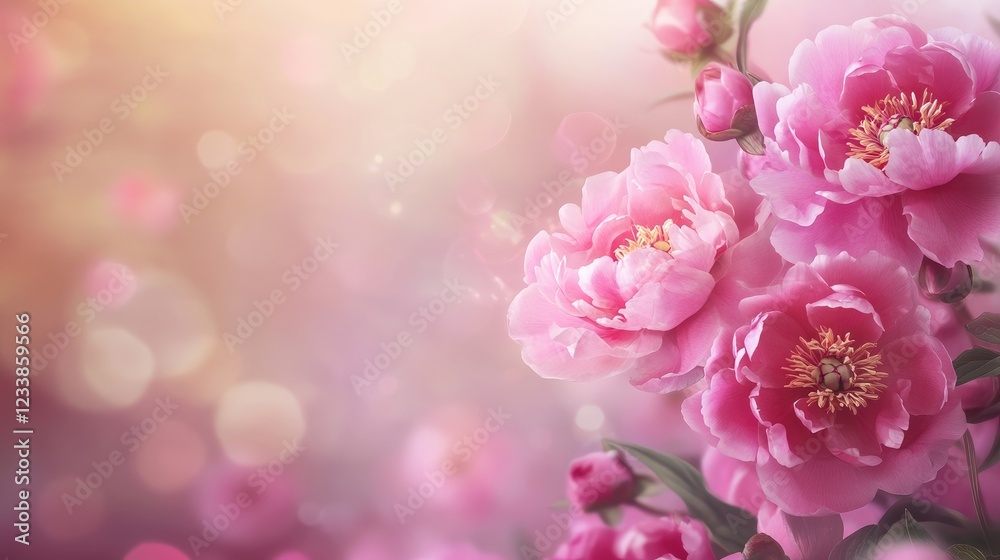 Poster vibrant pink peonies in soft focus with dreamy background creating a romantic and serene atmosphere 