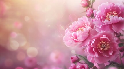 Fototapeta premium Vibrant pink peonies in soft focus with dreamy background creating a romantic and serene atmosphere for floral arrangements and decor