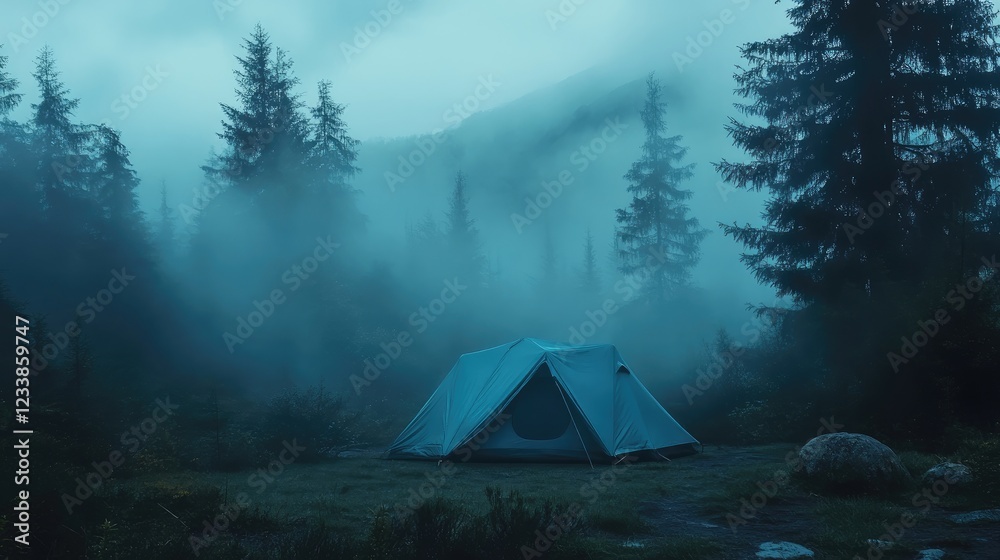 Poster misty forest clearing with vibrant blue tent surrounded by evergreen trees and mysterious fog in tra